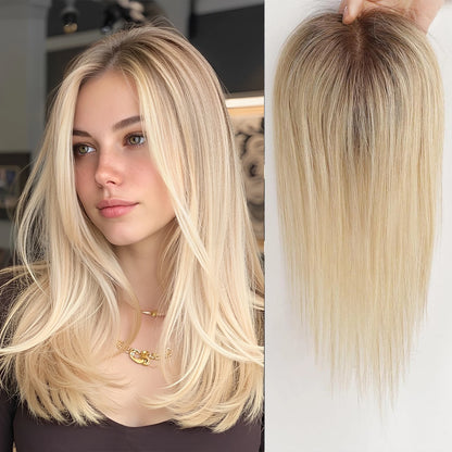 Light Brown Blonde Ombre 12 Inch Human Hair Toppers Lace Base Clip In Hairpiece for Women 100% Remy Human Hair Extensions
