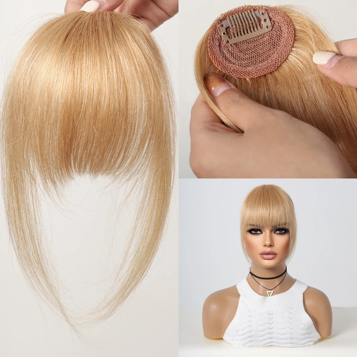 100% Human Hair Bangs Natural Brown Wispy Bang Hair Clip in Bangs Fringe with Temples Hairpiece for Women Clip on Air Bang 4.5in
