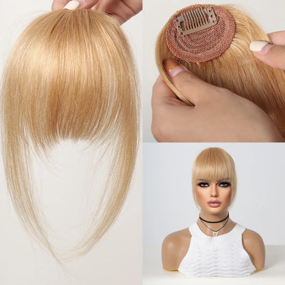 100% Human Hair Bangs Natural Brown Wispy Bang Hair Clip in Bangs Fringe with Temples Hairpiece for Women Clip on Air Bang 4.5in
