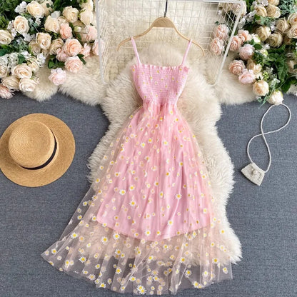 YuooMuoo Damenkleid 2026 Neue koreanische Mode Blumenmuster Spaghettiträger Mesh Partykleid Urlaubsstil Damen Strandkleid