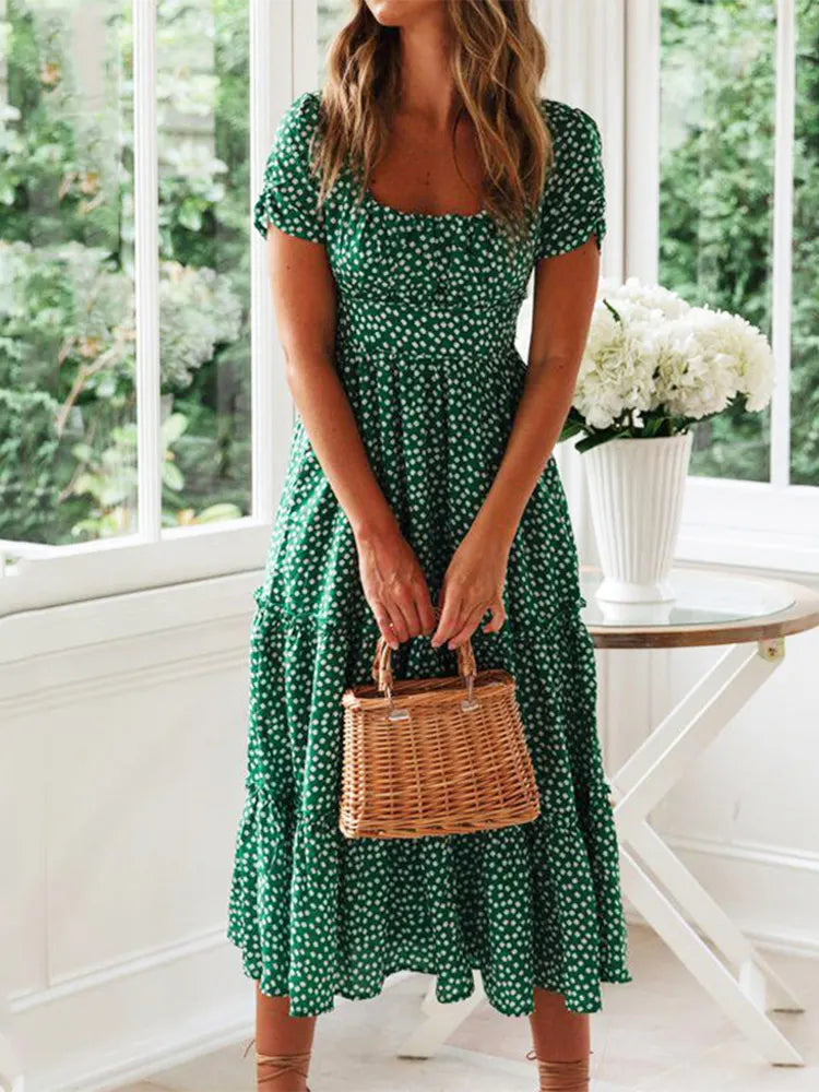 Vestidos Vintage Vintage Print Puff Sleeve summer Beach sweet dresses Casual Square collar floral maxi long dress festa