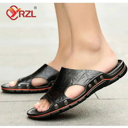 YRZL Sandalen Herren Leder Klassische Sommer Herren Hausschuhe Weiche Schwarze Hausschuhe PU-Leder Hausschuhe Leichte EVA-Slides für Herren