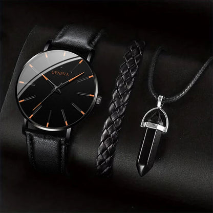 3-teiliges Set Herren Business-Uhren, lässiges Lederarmband, analoge Herren-Quarzuhr, Halsketten-Armband-Set