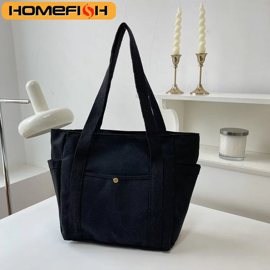 HOMEFISH Canvas Bag  Versatile Shoulder Bag Large Capacity Book Storage Student Class Commuter Bag Portable Cloth