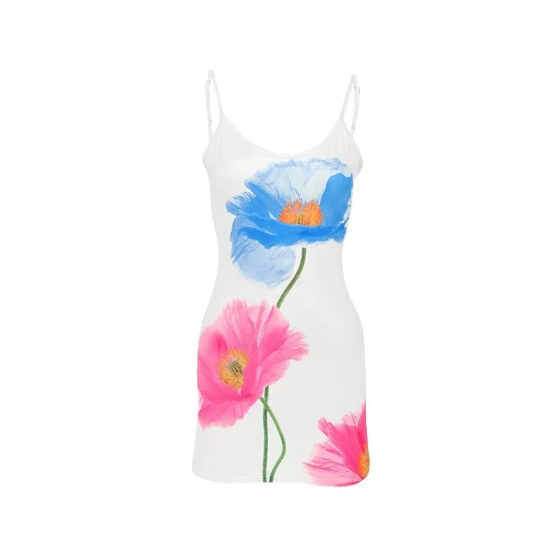 Sexy Minikleid Damen Sommer Neu Weiß Mode Rundhals Streetwear Print Ärmelloses Kleid Neckholder Rückenfrei Lässiges Schlankes Elegantes Kleid