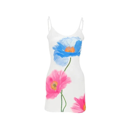 Sexy Minikleid Damen Sommer Neu Weiß Mode Rundhals Streetwear Print Ärmelloses Kleid Neckholder Rückenfrei Lässiges Schlankes Elegantes Kleid