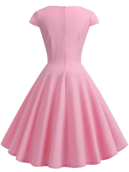 Pinkes Sommerkleid Damen V-Ausschnitt Vintage Robe Elegant Retro Pin Up Party Büro Midikleider