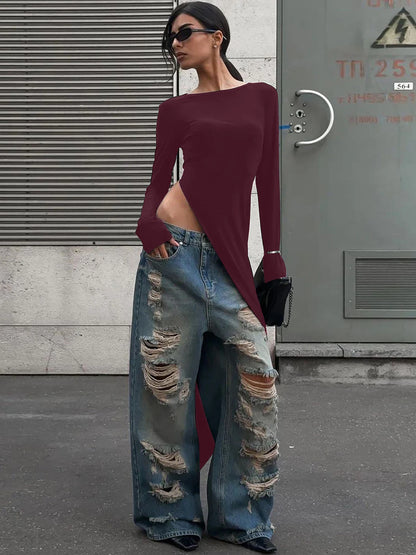 Dulzura Langarm Maxikleid mit hohem Seitenschlitz, einfarbig, sexy langes Kleid für Damen, Party, Club, Streetwear, Herbst-Winter-Outfit
