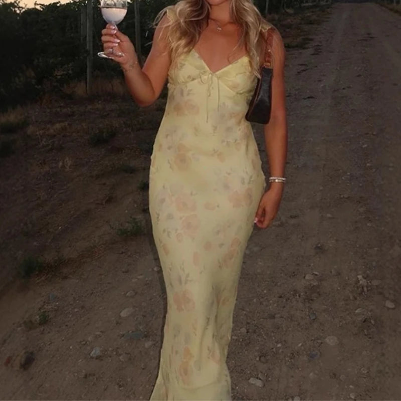 Sommerliches Blumenprint Damen Sexy tief ausgeschnittenes Kleid Ärmellos Rückenfrei Schmale Trägerkleider 2025 Strandurlaub Damen Vestidos