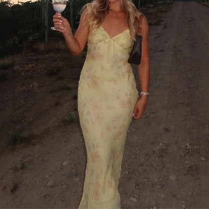 Sommerliches Blumenprint Damen Sexy tief ausgeschnittenes Kleid Ärmellos Rückenfrei Schmale Trägerkleider 2025 Strandurlaub Damen Vestidos
