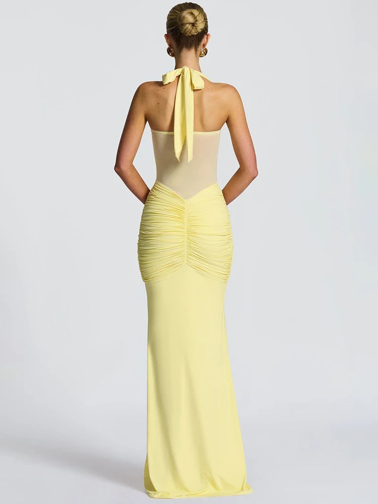 Mozision Neckholder Rückenloses Sexy Maxikleid Damen Mode Patchwork schulterfrei Ärmellos Gerafft Drapierte Bodycon Club Party Kleid