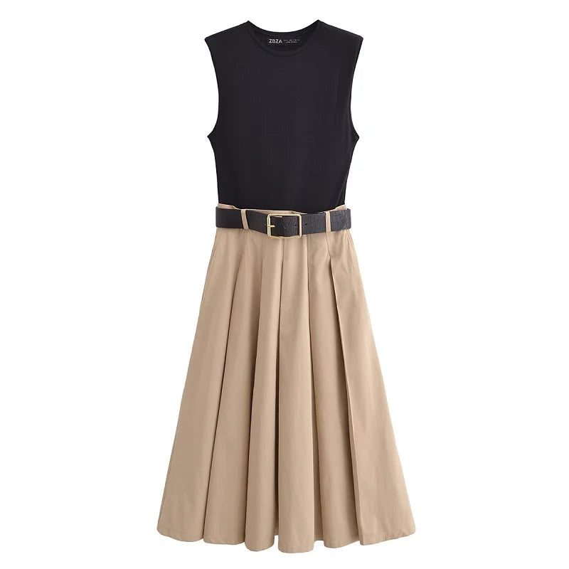 DAMEN 2025 Damenkleider Gürtel Faltenrock Midi-Kleid Damen Ärmelloses Sommerkleid Damen Gestrickte Partykleider für Damen Sonnenkleid