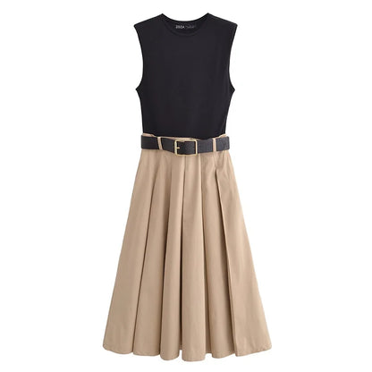 DAMEN 2025 Damenkleider Gürtel Faltenrock Midi-Kleid Damen Ärmelloses Sommerkleid Damen Gestrickte Partykleider für Damen Sonnenkleid