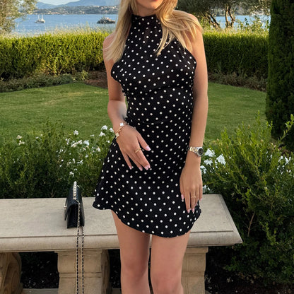 SUCHCUTE Sexy Polka Dot Print Halter Dress For Women Elegant Party Slim Backless Sleeveless Mini Dress Summer Vacation Outfits