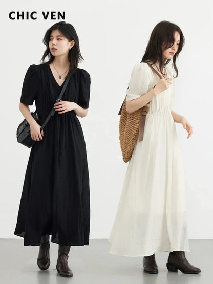 CHIC VEN Damenkleider Französischer Stil Vintage V-Ausschnitt Puffärmel Langes Kleid Einfarbig Schwarz Locker Damenbekleidung Sommer Neu 2023