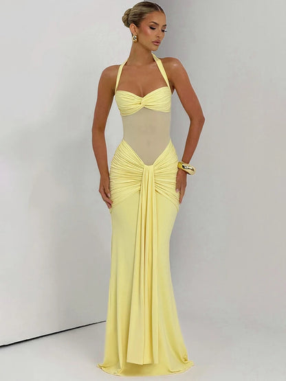 Mozision Neckholder Rückenloses Sexy Maxikleid Damen Mode Patchwork schulterfrei Ärmellos Gerafft Drapierte Bodycon Club Party Kleid