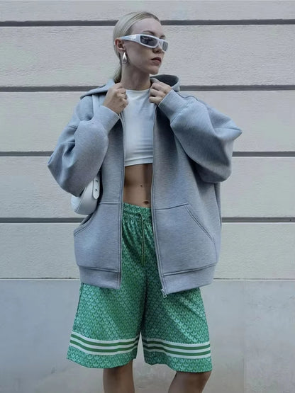 HH Autumn Women Casual Hooded Jacket Loose Oversize Zipper Hoodie Sweatshirts Solid Coat Office Lady Chic Outwear Tops