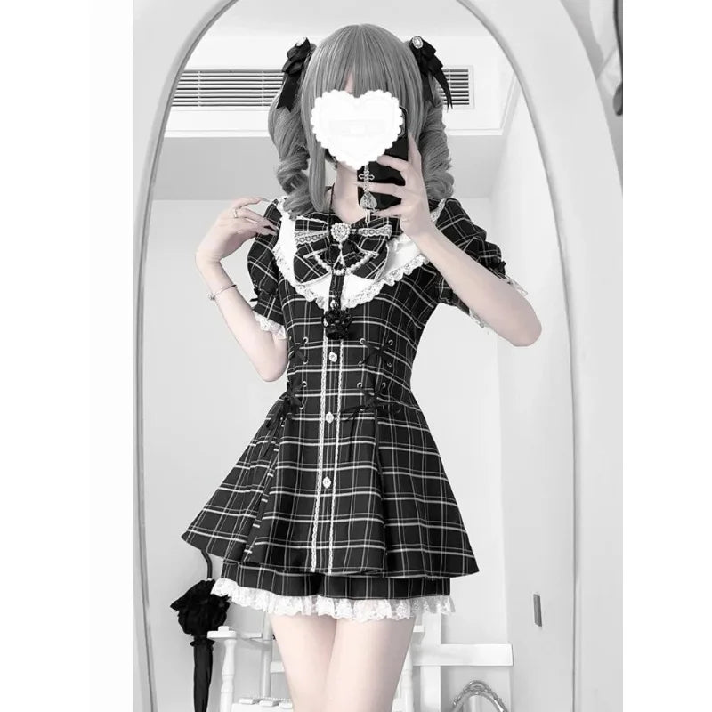 Japanese Gothic Lolita Dress Set Women Harajuku Y2k Bow Lace Ruffles Collar Mini Dresses Female Elegant Party Cute Dress