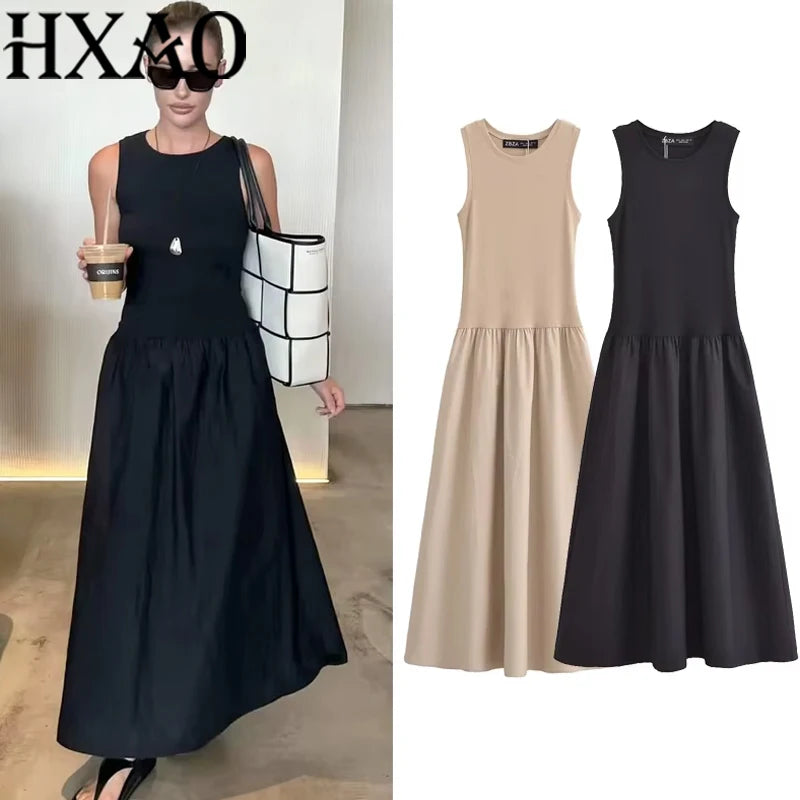 HXAO Damen Lange Schwarze Kleider Frühling 2025 Ärmellose Elegante Kleider Mode Lässig Vintage Party Khaki Kleider Vestidos