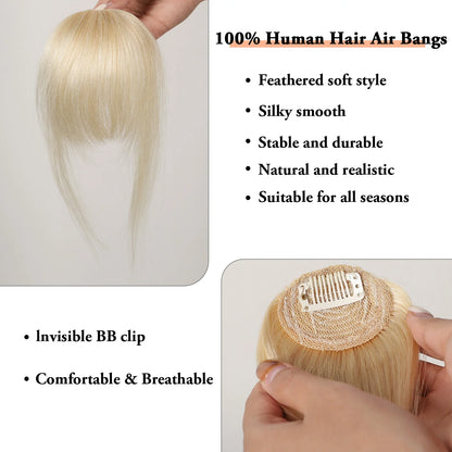100% Human Hair Bangs Clips in Air Fringe Bangs Hairpiece for Women Platinum Blonde Remy Human Hair Bangs Hair Extension 4.5inch