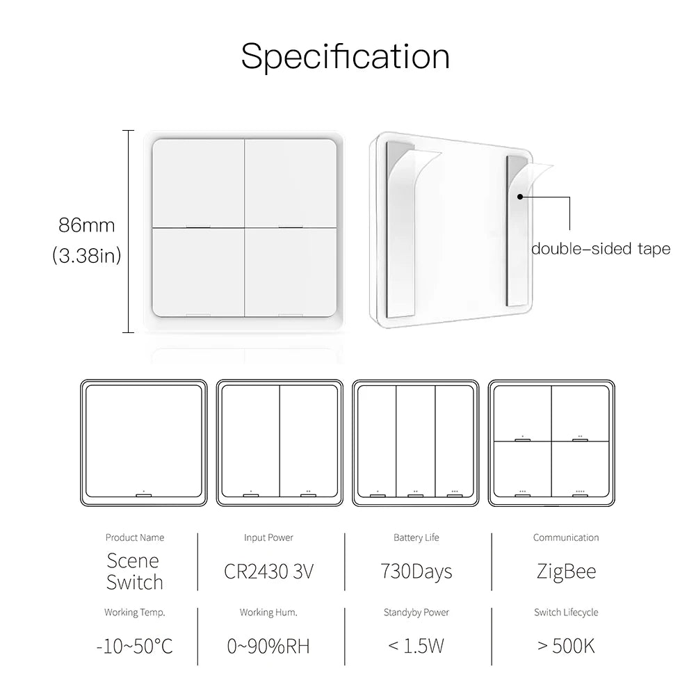 MOES 4-fach Tuya ZigBee Wireless 12-Szenen-Schalter Taster Batteriebetrieben Automatisierungsszenario für Tuya Geräte