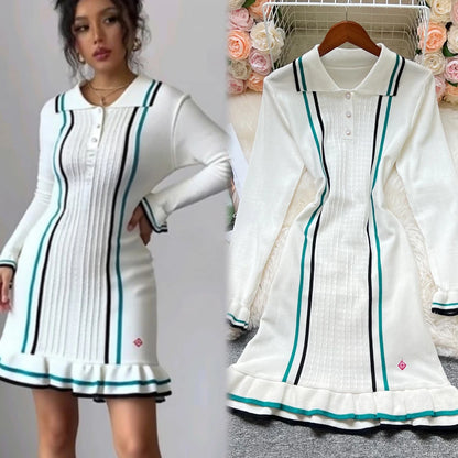 YuooMuoo Schickes, modisches, sexy, gestricktes Mini-Kleid mit Hüftbetonung, Sommer 2026, Vintage-Partykleid mit Umlegekragen und Rüschen, Streetwear