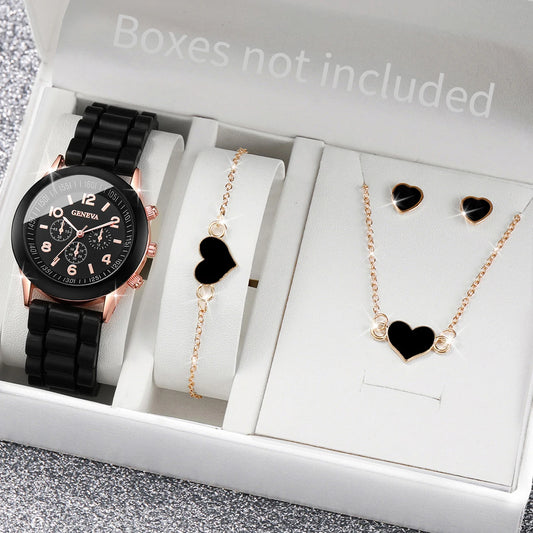 5/6PCS Damenarmbanduhren Mode Silikonarmband Damen Quarzuhr Schmuckset Reloj Mujer Mädchenuhr Geschenk (Ohne Box)