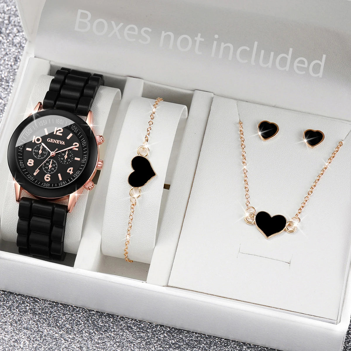 5/6PCS Damenarmbanduhren Mode Silikonarmband Damen Quarzuhr Schmuckset Reloj Mujer Mädchenuhr Geschenk (Ohne Box)