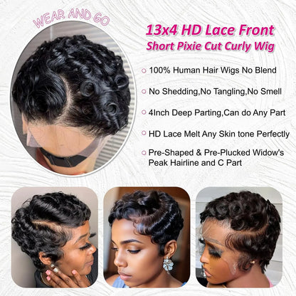 Brazilian Remy Deep Wave Pixie Cut Wig 13x4 Lace Front Pre Plucked Hairline Wavy Style 100 Human Hair For Black Women Daily Wear