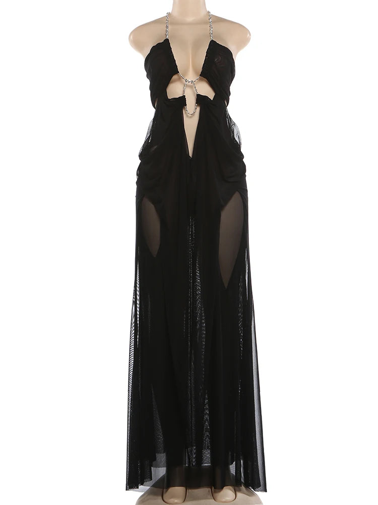 Nibber Abschlussballkleid Damen Sexy Transparent Luxuriöse Kette Neckholder Tiefer Ausschnitt Rückenfrei Ärmellos Mitternacht Elegant Vestidos