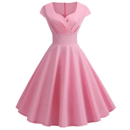 Pinkes Sommerkleid Damen V-Ausschnitt Vintage Robe Elegant Retro Pin Up Party Büro Midikleider