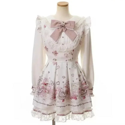 Japanese Gothic Lolita Dress Set Women Harajuku Y2k Bow Lace Ruffles Collar Mini Dresses Female Elegant Party Cute Dress