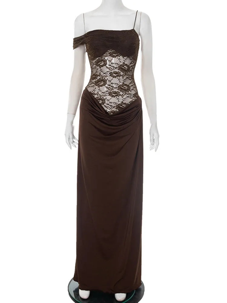 Mozision One Shoulder Spitzenkleid transparent Sexy Maxikleid Damen Abendkleid Mode Off-Shoulder Ärmellos Rückenfrei Club Lange Kleider