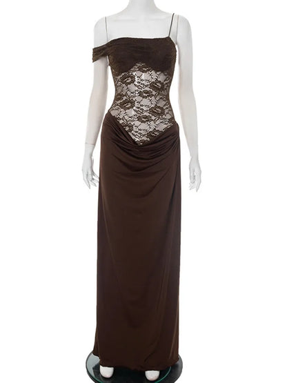 Mozision One Shoulder Spitzenkleid transparent Sexy Maxikleid Damen Abendkleid Mode Off-Shoulder Ärmellos Rückenfrei Club Lange Kleider