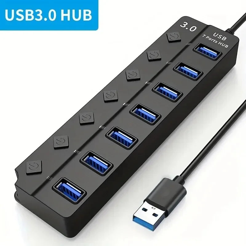 4/7-Port USB 3.0 Hub mit LED-Anzeige, unabhängiger Schaltersteuerung für Laptop, Flash-Laufwerk, Festplatte, Drucker, Kamera, Tastatur