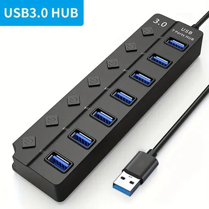 4/7-Port USB 3.0 Hub mit LED-Anzeige, unabhängiger Schaltersteuerung für Laptop, Flash-Laufwerk, Festplatte, Drucker, Kamera, Tastatur