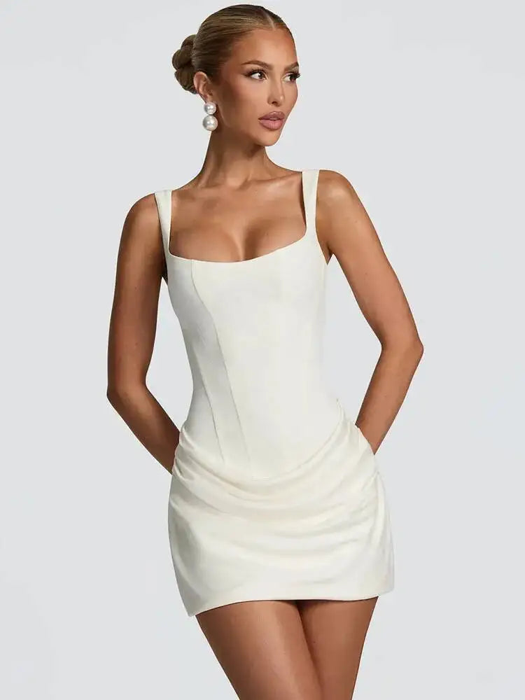 Mozision Rückenfreies Gerafftes Sexy Minikleid Damen Elegantes Kleid mit schmalen Trägern, eckigem Ausschnitt, ärmellos, hoher Taille für Club und Party