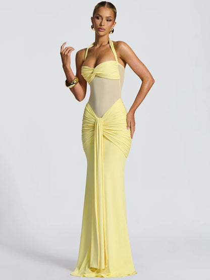 Mozision Neckholder Rückenloses Sexy Maxikleid Damen Mode Patchwork schulterfrei Ärmellos Gerafft Drapierte Bodycon Club Party Kleid