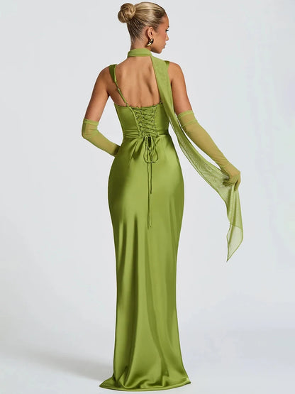 Mozision Satin Backless Sexy Maxi Dress Women Elegant Halter Off-shoulder Sleeveless Lace-up Bodycon Club Party Long Dresses