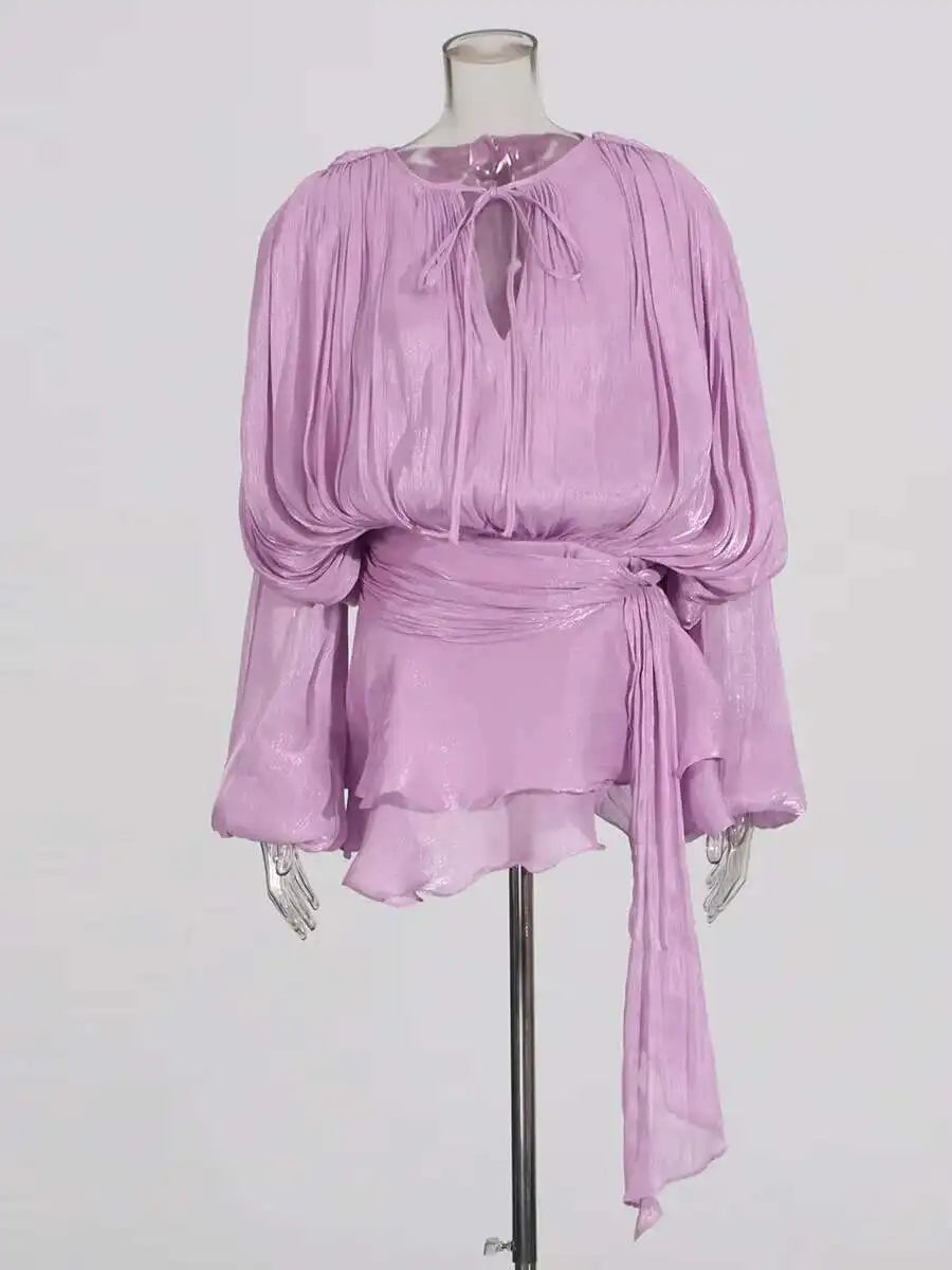 TWOTWINSTYLE Solid Bluse Minikleider für Frauen V-Ausschnitt Langarm Gespleißt Geschnürt Süßer Stil Kleid Weibliche Kleidung Mode