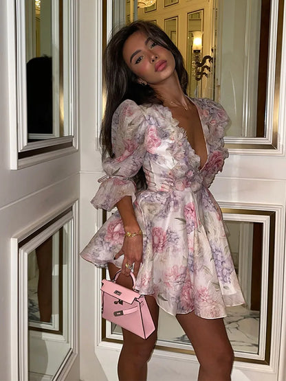 Fashion Flower Printed Ruffles Mini Dress For Women Chic Chiffon Bodycon High Waist Vestidos 2025 Lady Vacation Street Gowns New