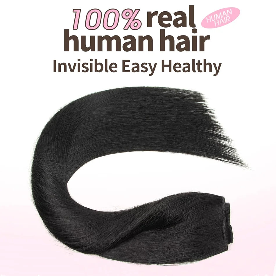 Fish Line 100 Human Hair Extension Piece Hair Blonde Remy Straight Hair Fishing Wire with 3 Clips Invisible Wire Hair Extension