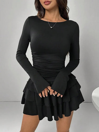 Autumn Winter Solid Color Slim Fit Cascading Ruffles Mini Dress Women Elegant Flare Sleeve High Waist Sexy Party Bodycon Dresses