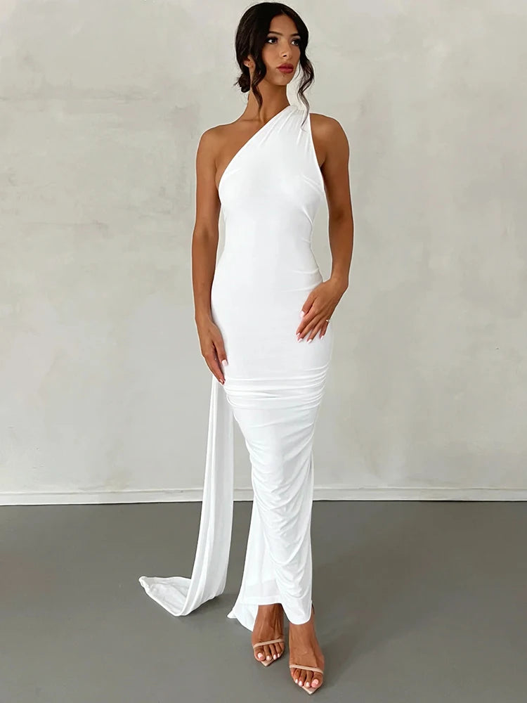 Hugcitar One Shoulder Backless Adjustable Scarf Loop Rüschen Sexy Maxikleid Damen Elegant Y2K Streetwear Festival Outfit