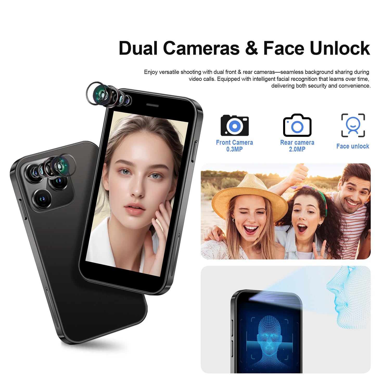 SERVO Mini Smartphone 3,0" Display 2GB+16GB 3G WCDMA Gesichtserkennung WiFi GPS Play Store Android Smartphone Dual-SIM Standby
