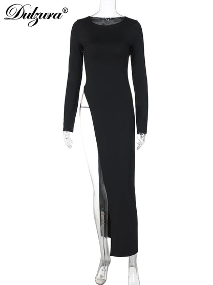 Dulzura Langarm Maxikleid mit hohem Seitenschlitz, einfarbig, sexy langes Kleid für Damen, Party, Club, Streetwear, Herbst-Winter-Outfit