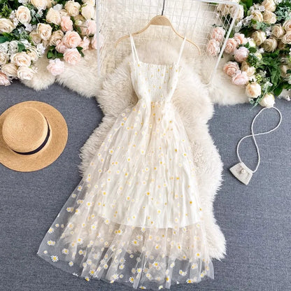 YuooMuoo Damenkleid 2026 Neue koreanische Mode Blumenmuster Spaghettiträger Mesh Partykleid Urlaubsstil Damen Strandkleid
