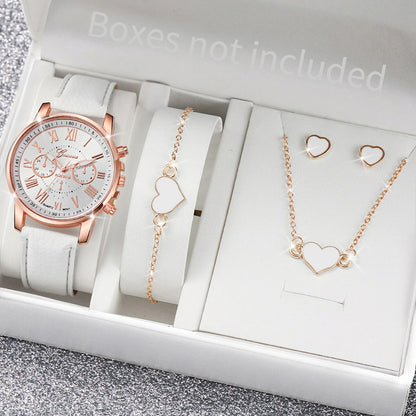5/6 Stück modische Damen-Quarzuhren mit Lederarmband, analoge Armbanduhren, Herz-Strass-Schmuckset (ohne Box)