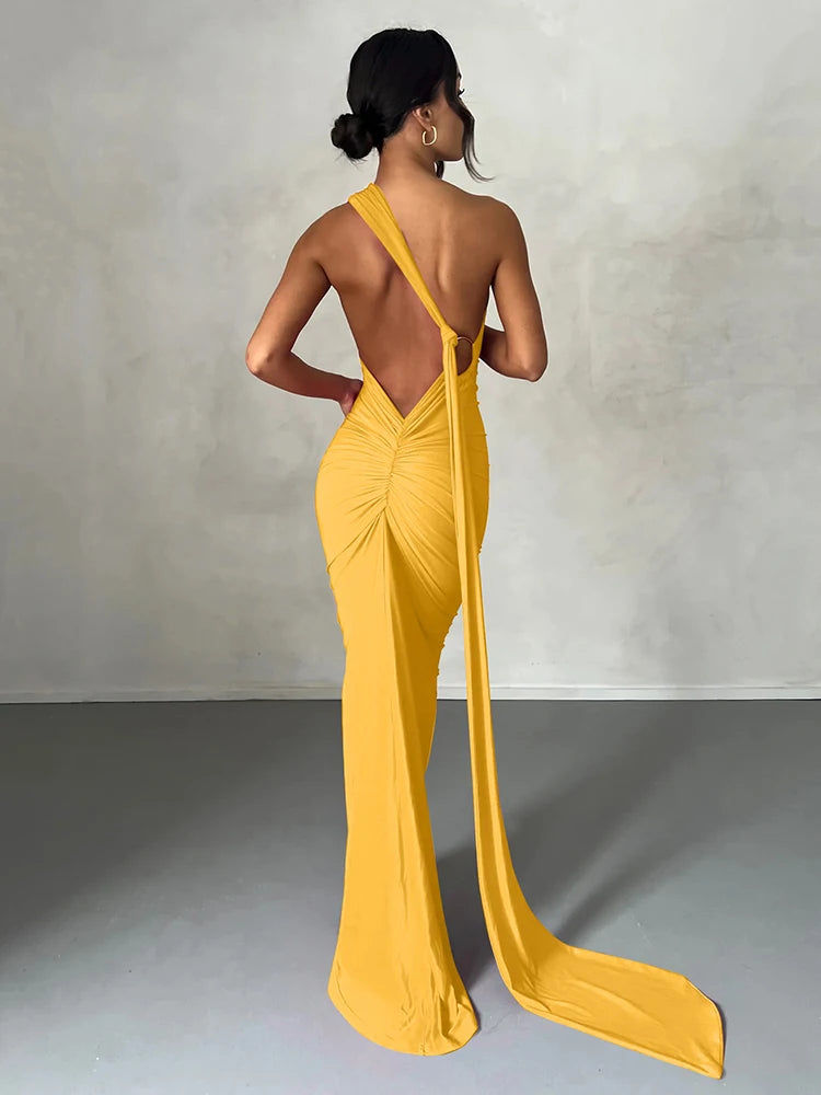 Hugcitar One Shoulder Backless Adjustable Scarf Loop Rüschen Sexy Maxikleid Damen Elegant Y2K Streetwear Festival Outfit