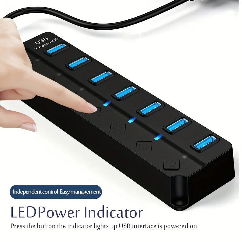 4/7-Port USB 3.0 Hub mit LED-Anzeige, unabhängiger Schaltersteuerung für Laptop, Flash-Laufwerk, Festplatte, Drucker, Kamera, Tastatur